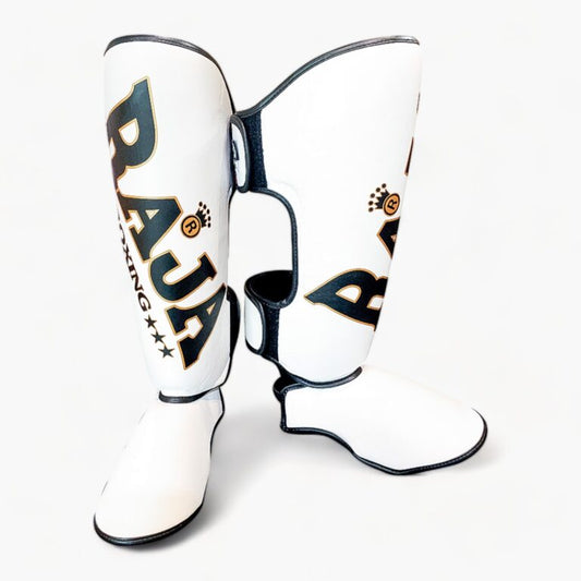 Authentic Leather Raja Shin Guards Big Text White - KICKPUNCHELBOW