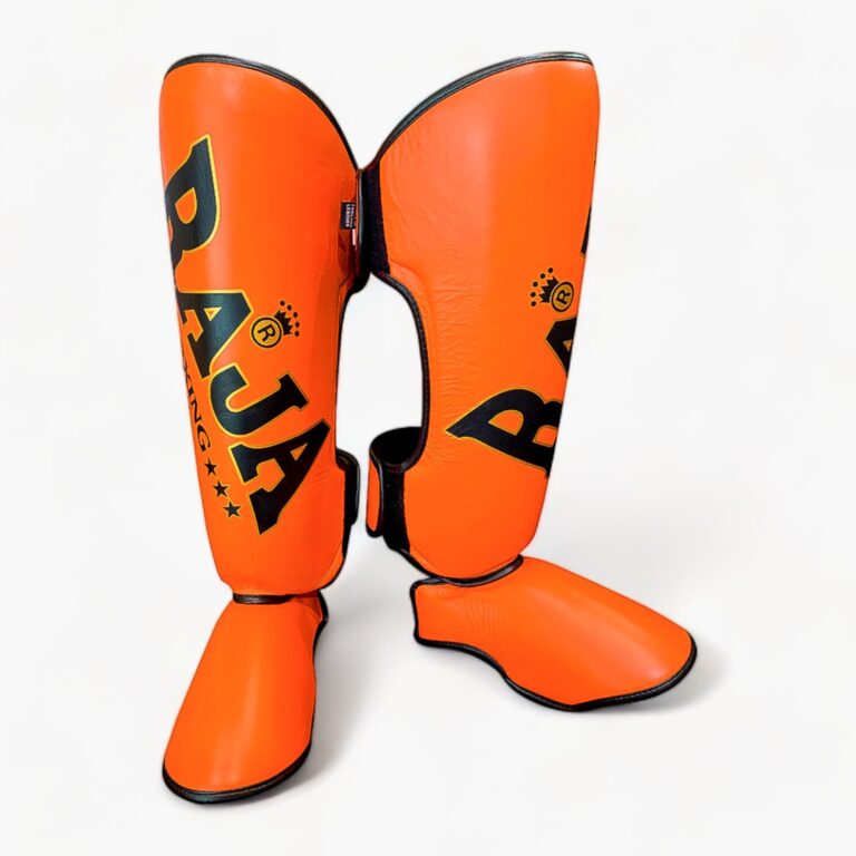 Semi Leather Raja Shin Guards Big Text Orange - KICKPUNCHELBOW