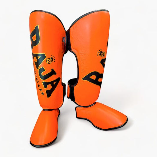 Semi Leather Raja Shin Guards Big Text Orange - KICKPUNCHELBOW