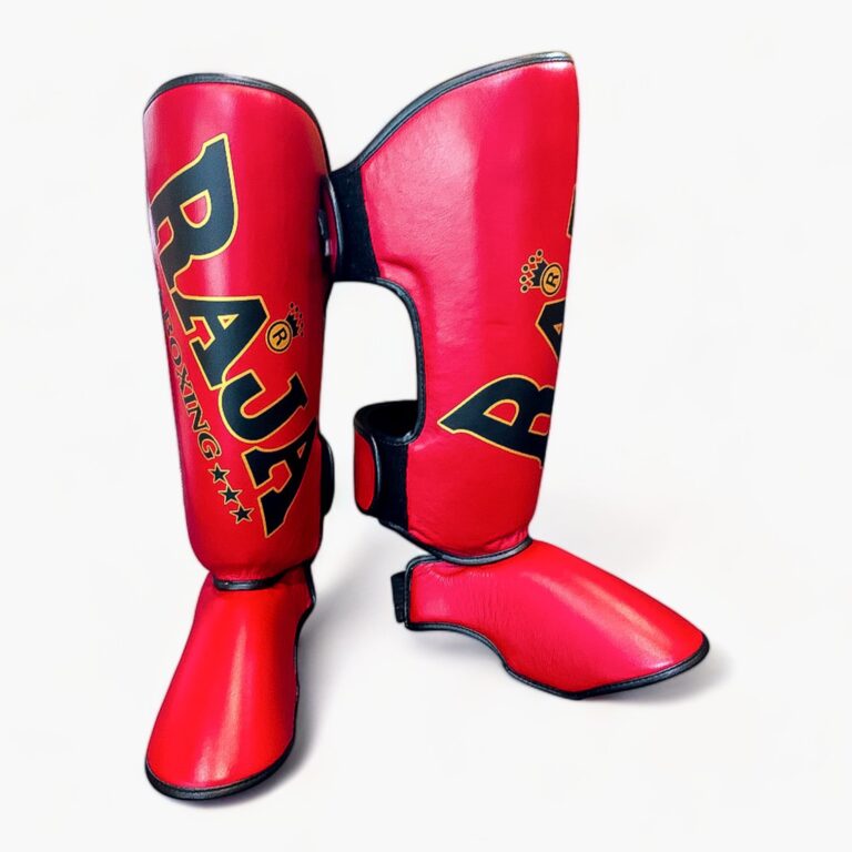 Authentic Leather Raja Shin Guards Big Text Red - KICKPUNCHELBOW
