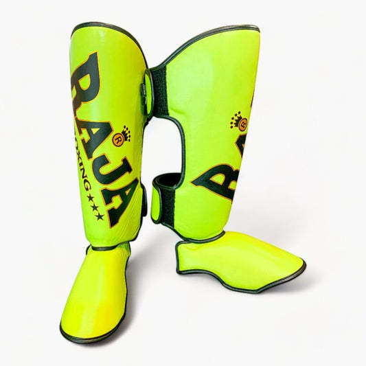 Authentic Leather Raja Shin Guards Big Text Light Green - KICKPUNCHELBOW