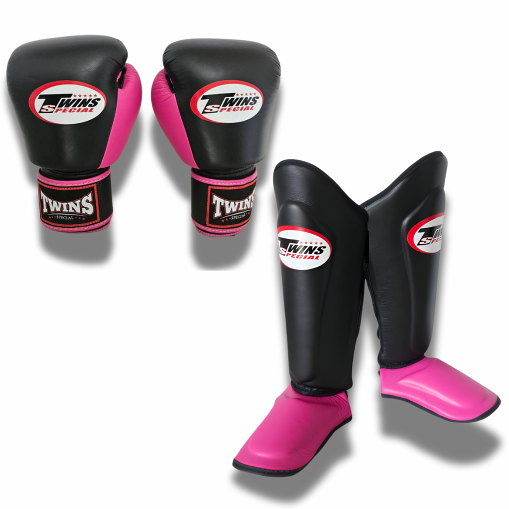 Twins Special - Sparring Set - BGVL3 Gloves/SGL10 Shin Guards/CH5 Handwraps/Ankle Guards - Black/Pink