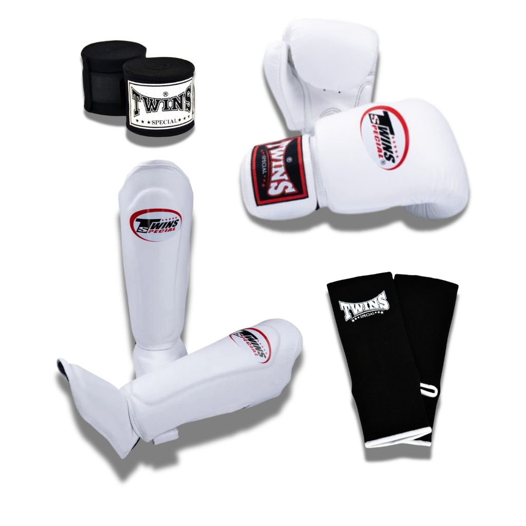 Twins Special Sparring Set BGVL3 Gloves/SGL10 Shin Guards/CH5 Handwraps/Ankle Guards in White/Black, front view