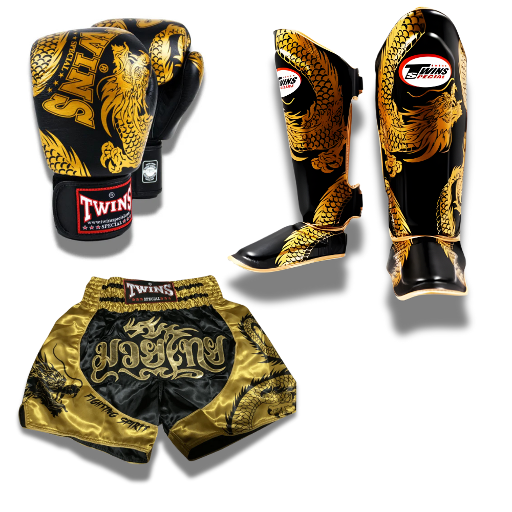 Twins Special - Sparring Set - BGVL3 Gloves/FSGL10 Shin Guards/TBS Dragon- Gold Dragon